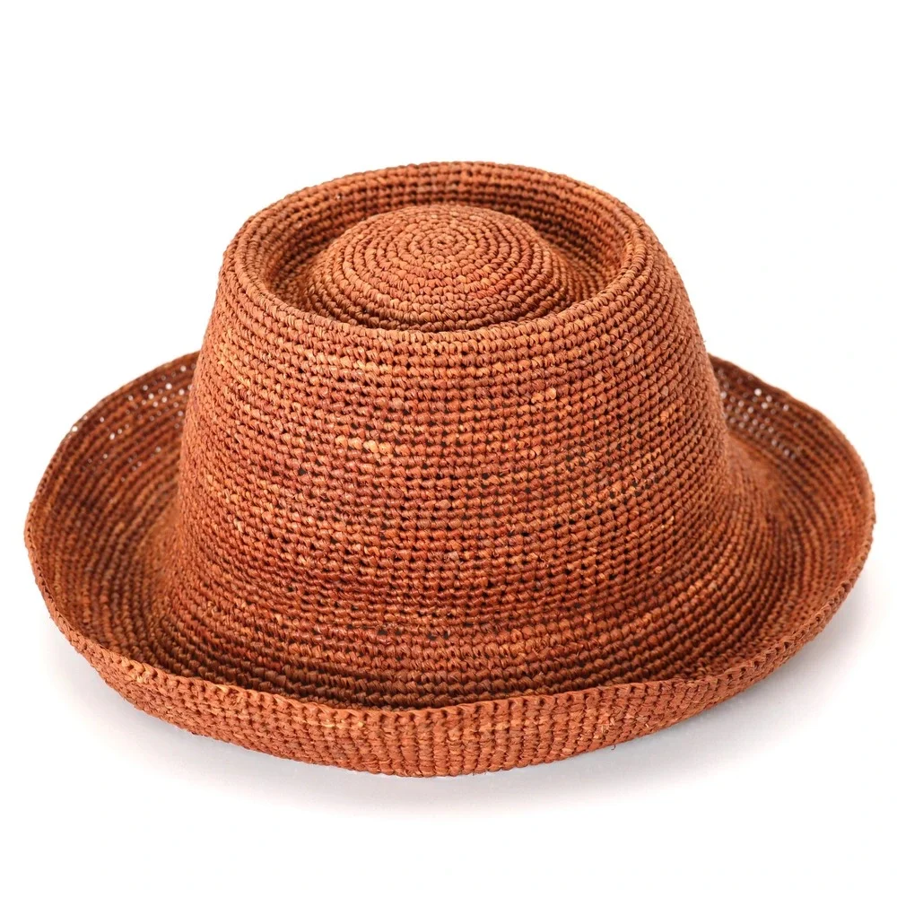 Janessa Leone Straw Hat Womens Medium Rust Brown Telescope Crown Sun Summer